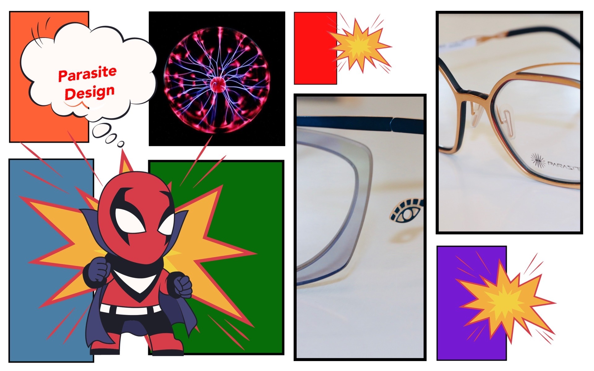 Collage aus Parasiten-Brillen und Comic-Elementen