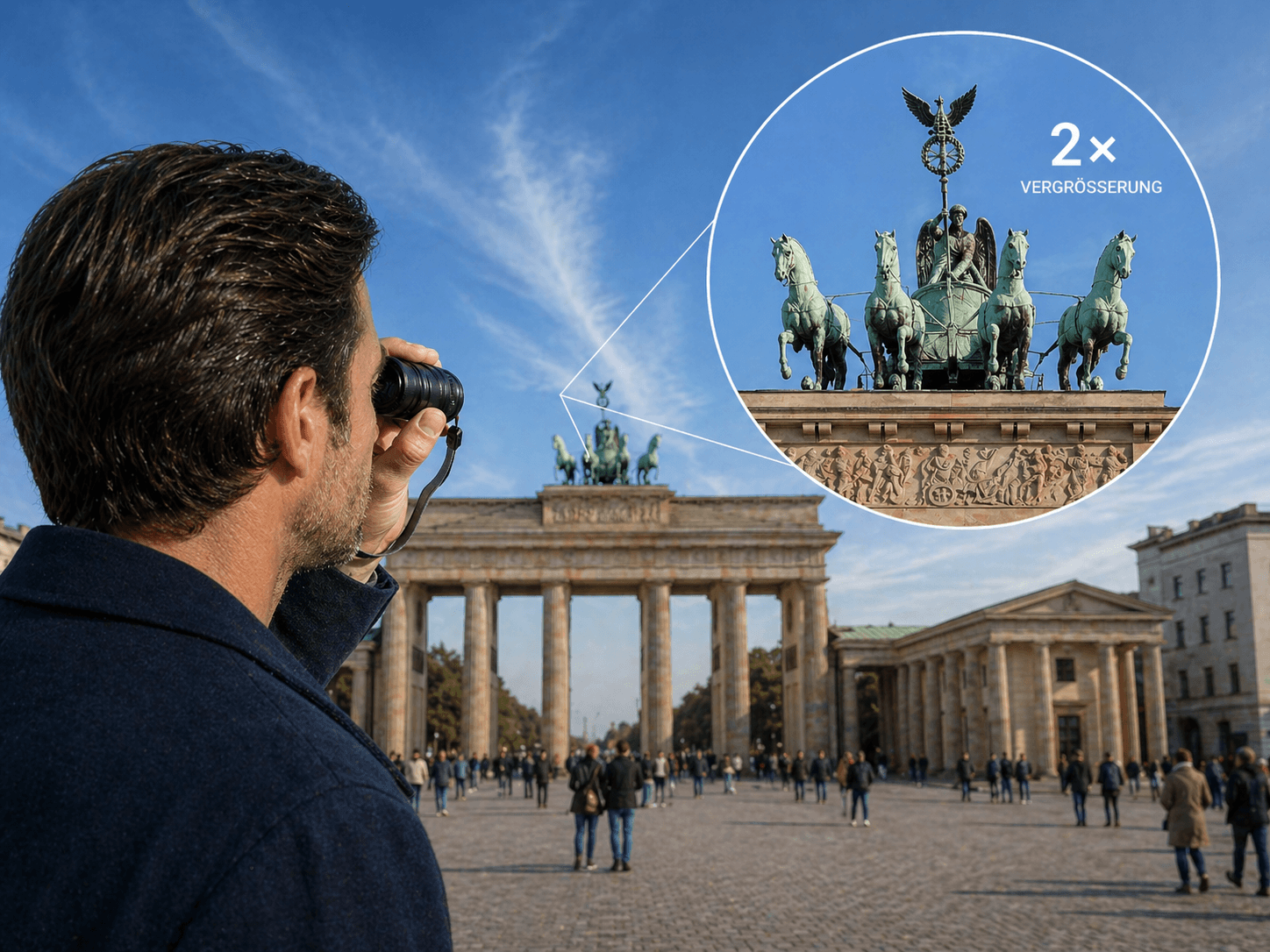 Mann mit Sehhilfe vor dem Brandenburger Tor.